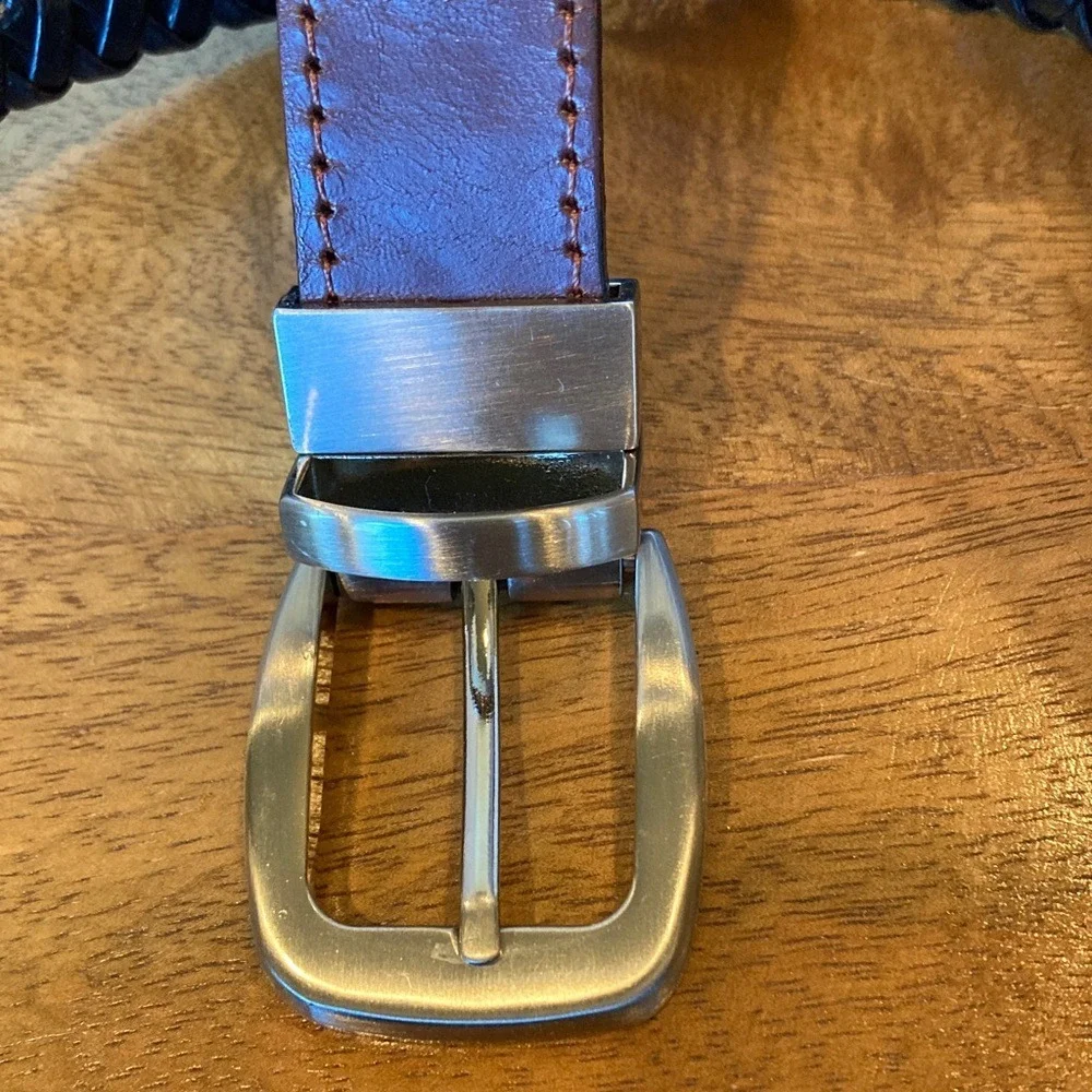 Men's Brown Braided Leather Trim Belt Size 36 Classic Basic Silver‎ Buckle